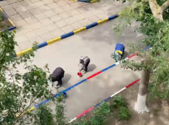 Сине-желтые бордюры во дворах Волгодонска перекрашивают в цвета российского флага 