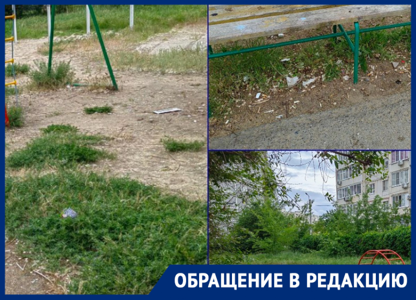 Разбросанные стекла и трава по колено на детской площадке вызывает недовольство у волгодонцев